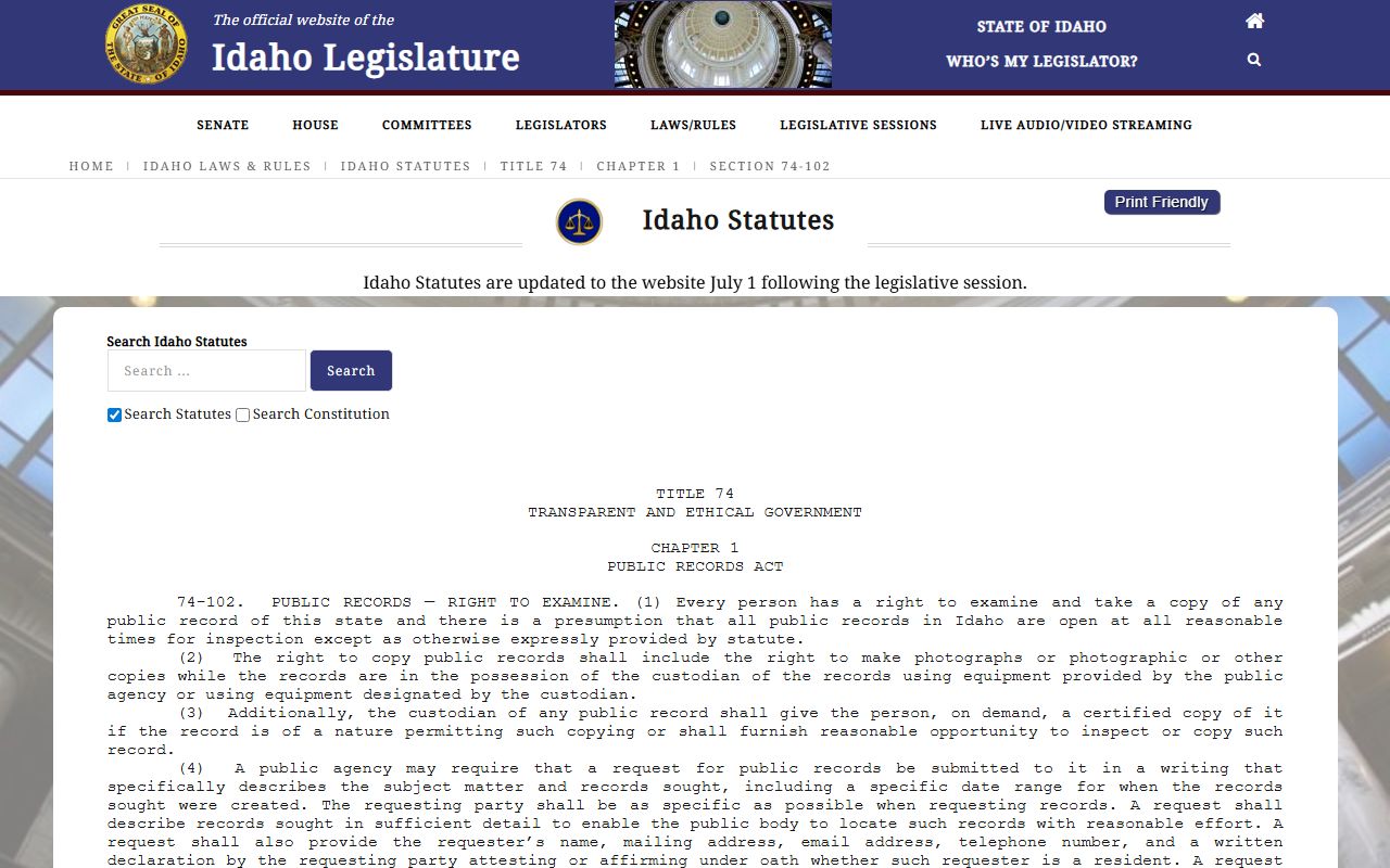 Kootenai County Clerk records Idaho Public Records Act section 74-102