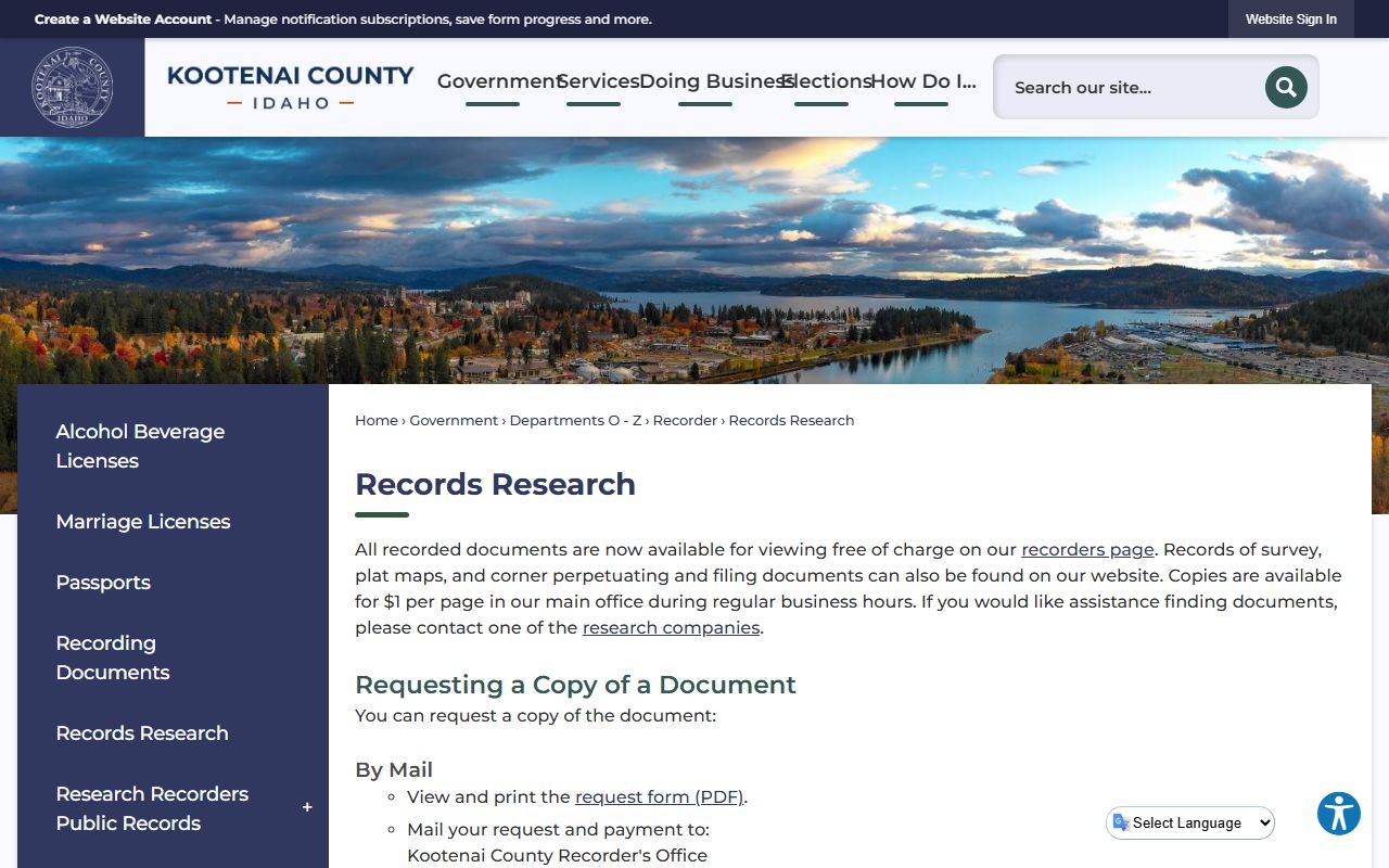 Kootenai County Clerk records recorder research page