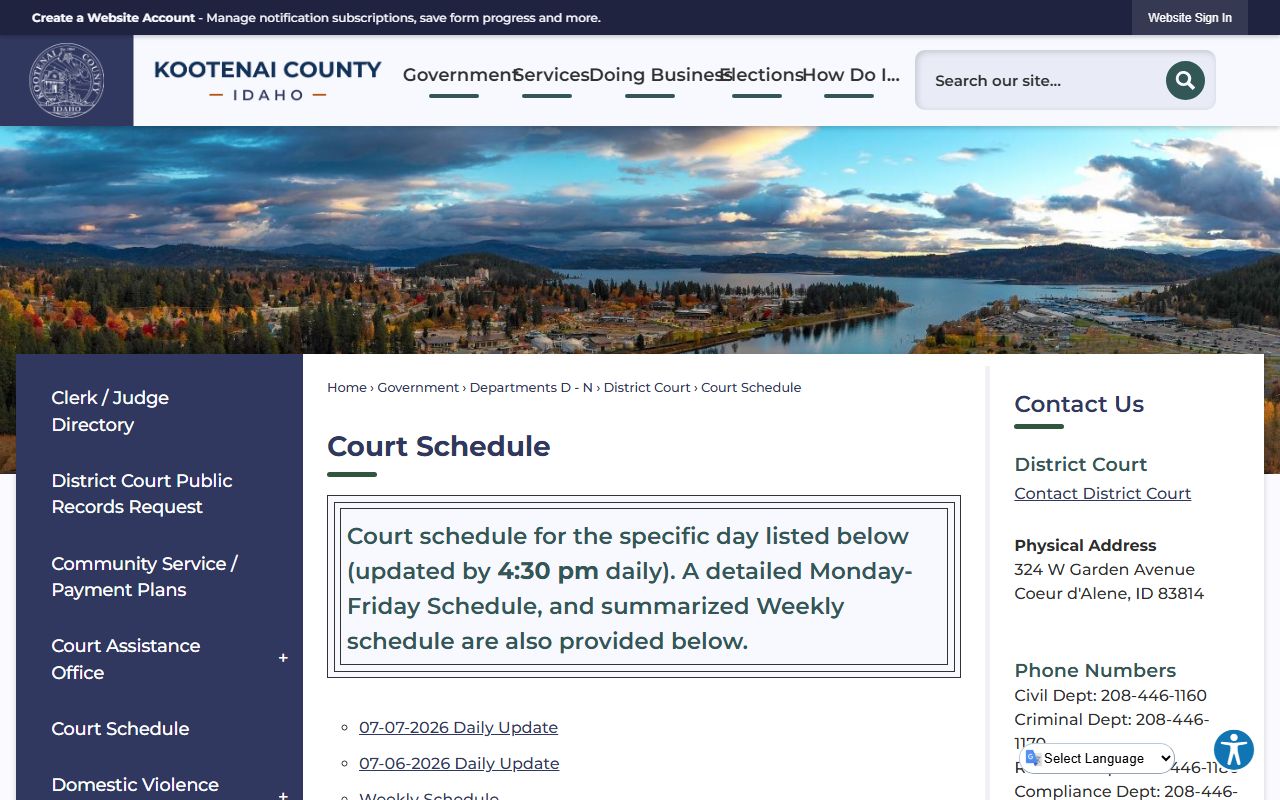 Kootenai County court dockets court schedule page