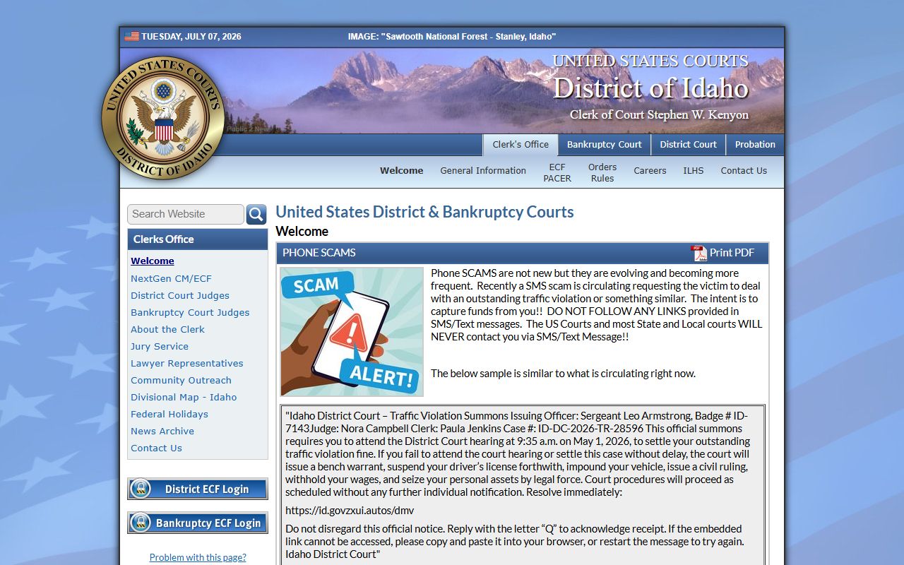 Kootenai County court dockets U.S. District Court for Idaho