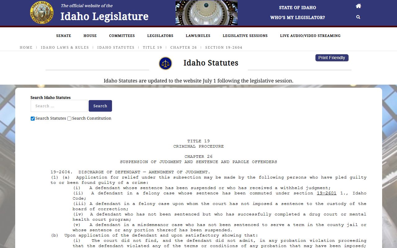 Kootenai County criminal court records Idaho Code section 19-2604