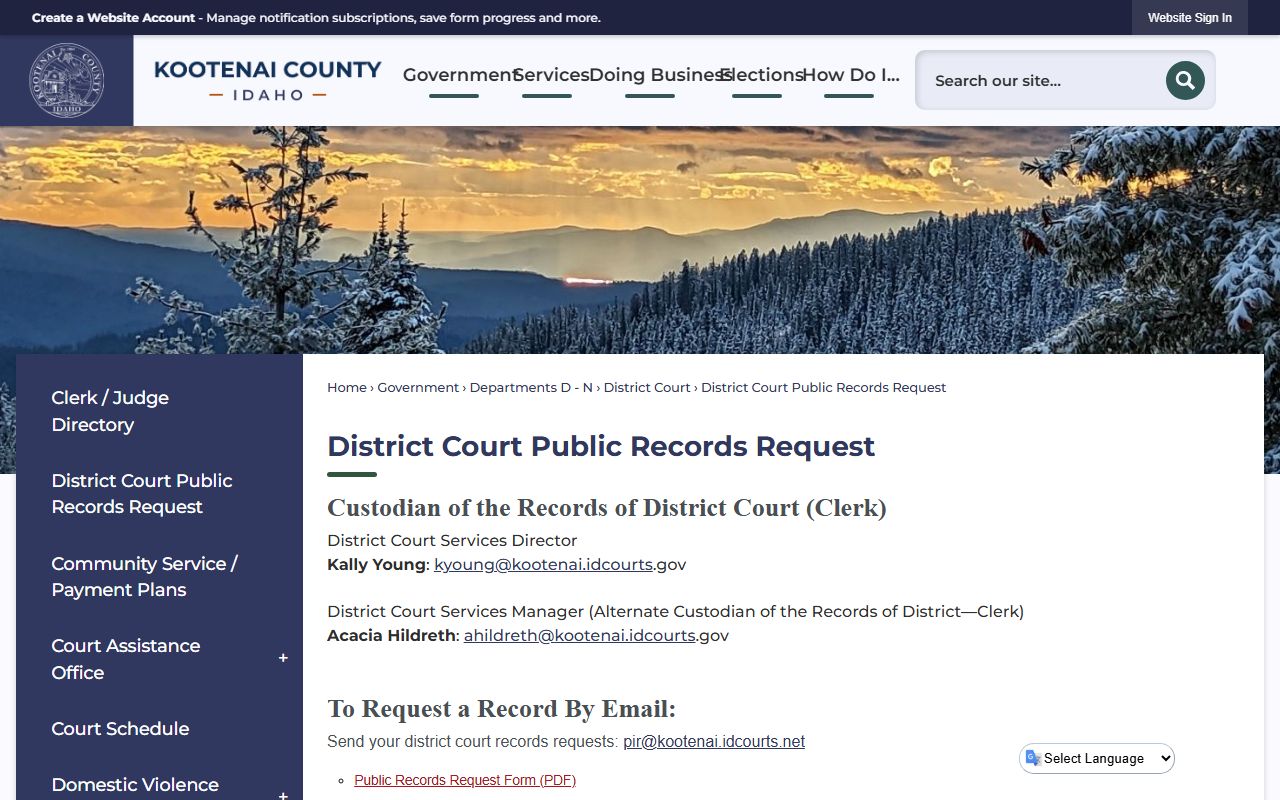 Kootenai County District Court public records request page