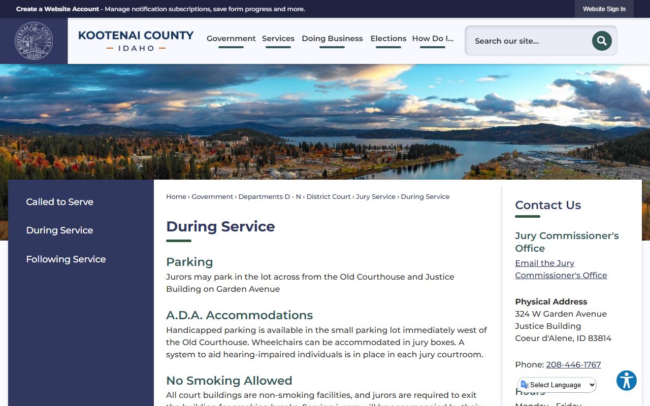 Kootenai County District Court jury service parking and accommodation notes