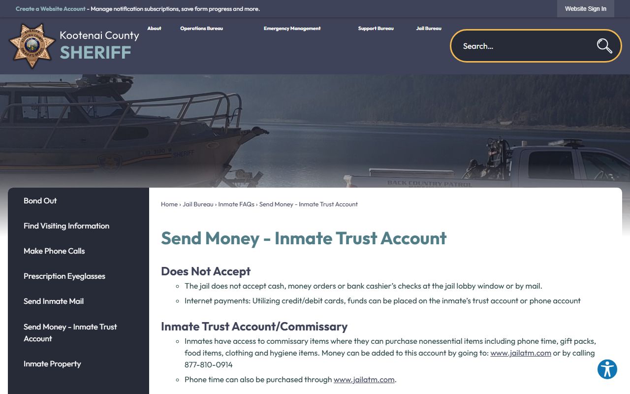 Kootenai County inmate records commissary and trust account page