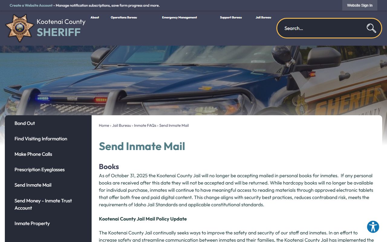 Kootenai County inmate records jail mail rules