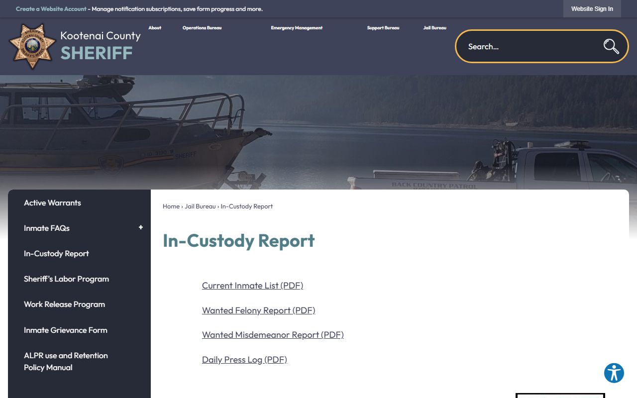 Kootenai County inmate records sheriff in-custody report page