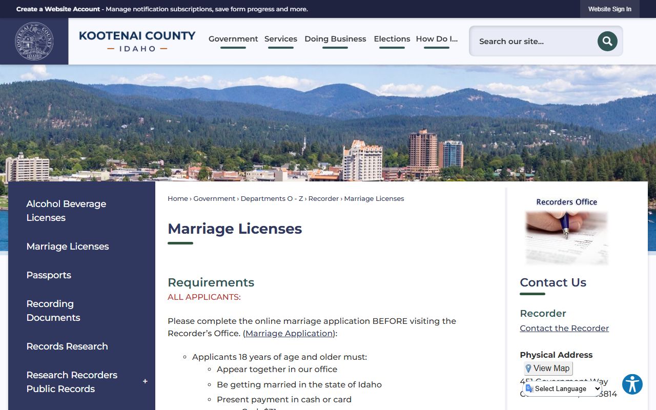 Kootenai County marriage records license requirements page