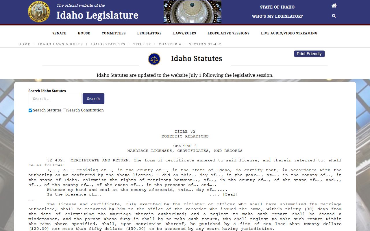 Kootenai County marriage records Idaho marriage license return statute