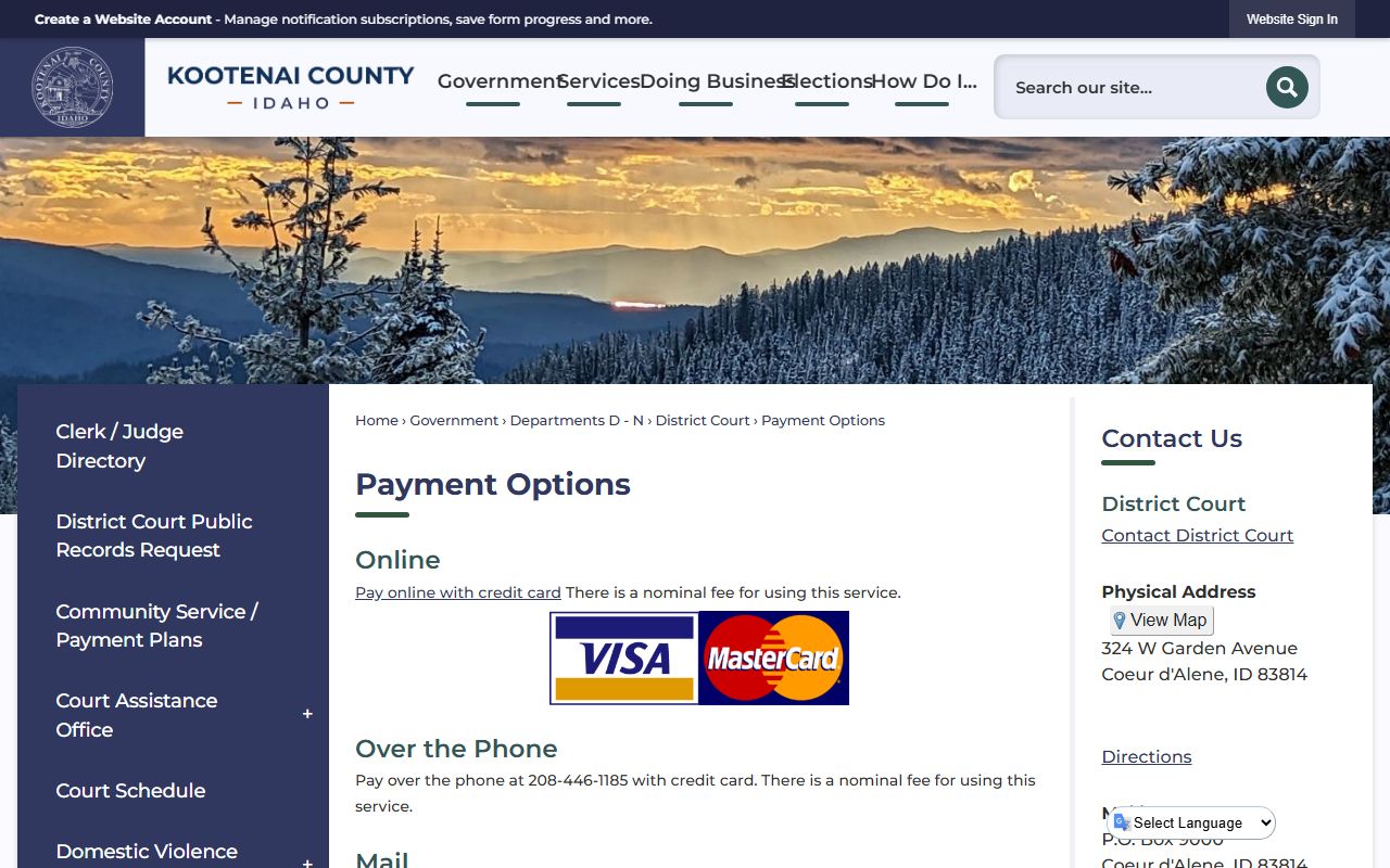 Kootenai County traffic court records payment options page