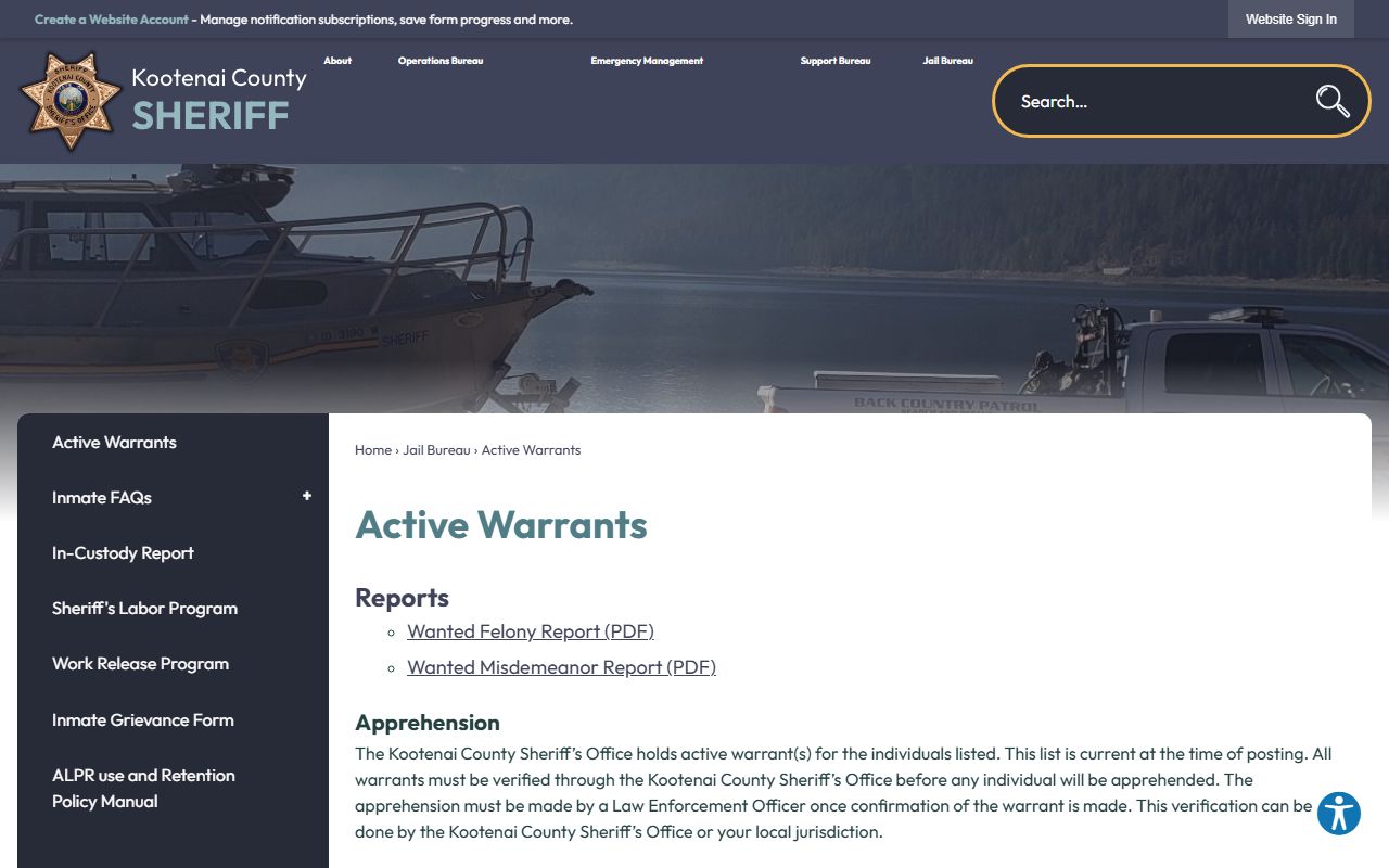 Kootenai County warrant records sheriff active warrants page